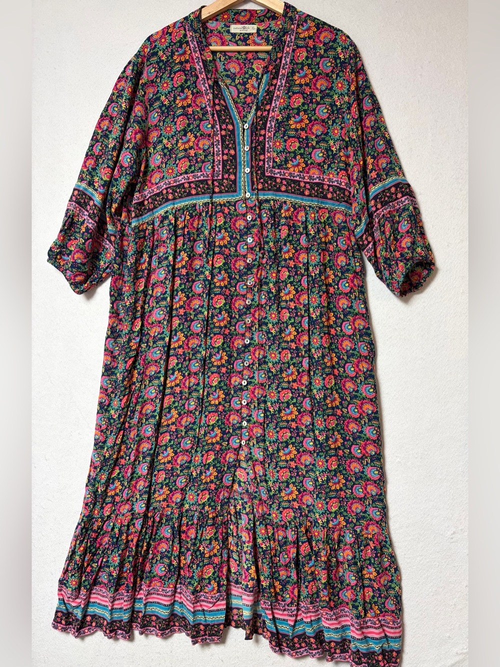 Natural Life XL Boho Floral Button Front Maxi Dress Tiered Ruffle Rayon Earthy - Picture 2 of 12